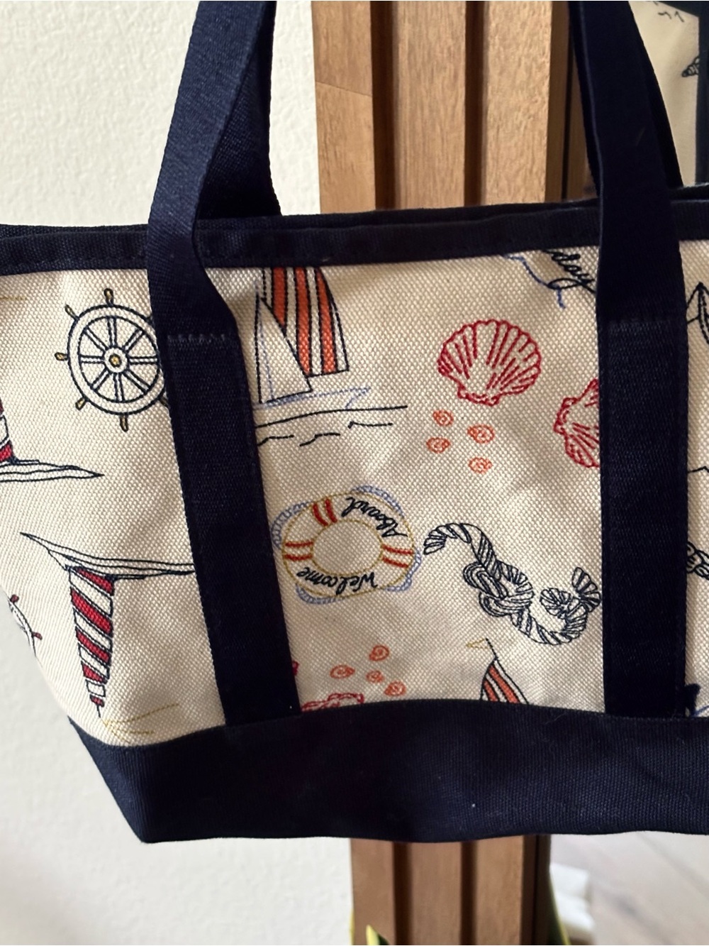 Old Navy Cream mini Canvas Tote with Navy Trim and Red Accents